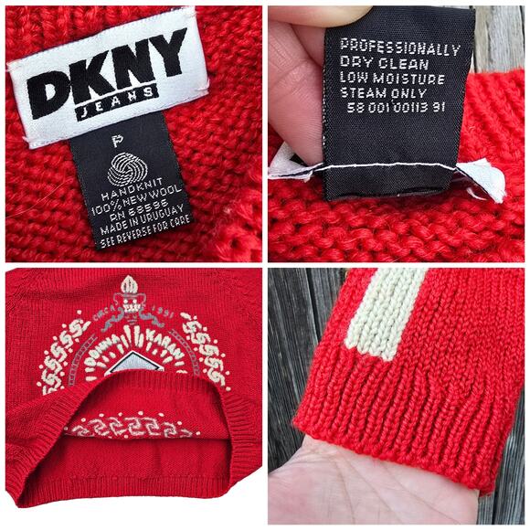 DKNY Jeans Sweater Red Handknit Wool Vintage 90s Donna Karan New York Size M/L - Picture 4 of 10